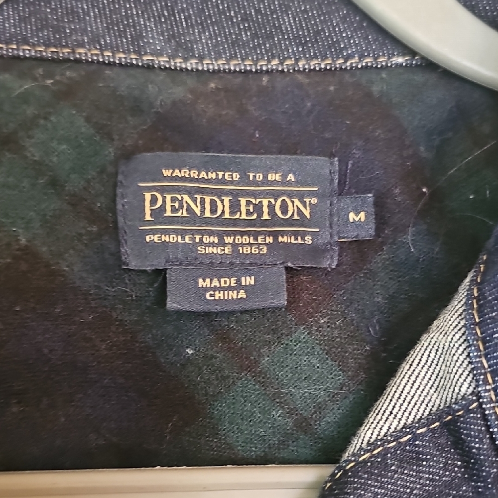 Pendleton Dark Blue Denim Jacket with Green Plaid Pockets - Picture 2 of 4